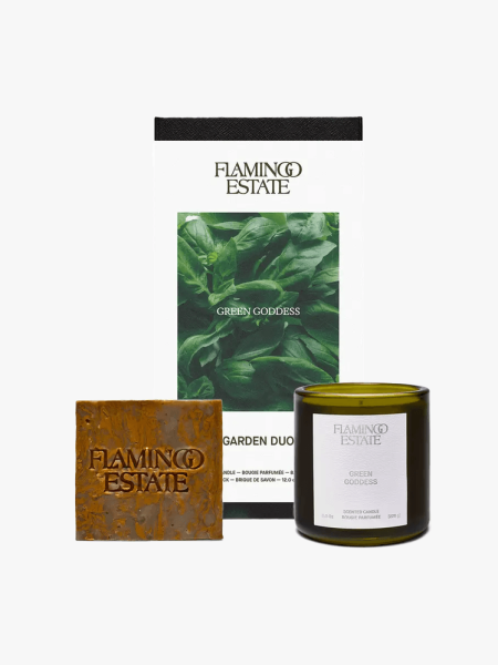 Flamingo Estate Green Goddess Candle & Soap Brick Gift Set in branded components on a light gray background